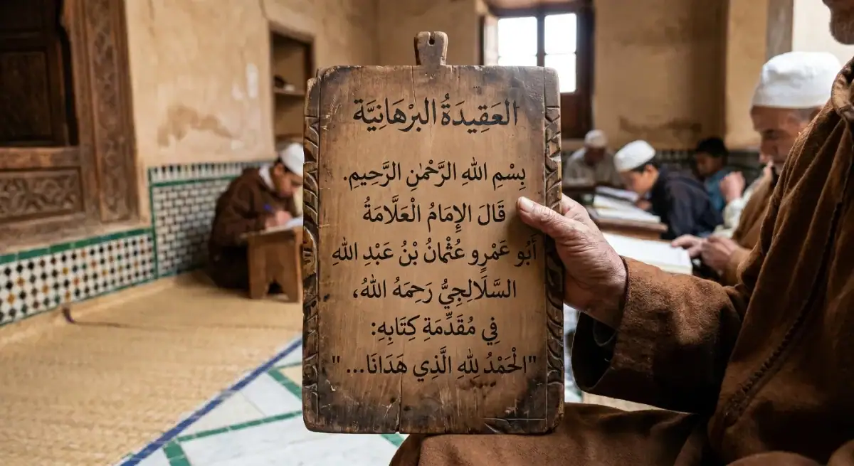 Une main tenant une tablette en bois traditionnelle (Lauh) gravée de textes en arabe de l'introduction d'Al-Aqidah Al-Burhaniyyah d'As-Salalaji, dans une école traditionnelle (madrasa) à Fès avec des étudiants en arrière-plan.