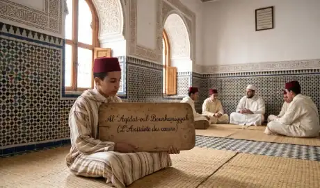 Un jeune étudiant en tenue traditionnelle marocaine assis sur une natte, tenant une tablette en bois portant l'inscription Al-Aqidat-oul-Bourhaniyyah (L'Antidote des cœurs), dans une salle de classe traditionnelle richement décorée de zelliges.