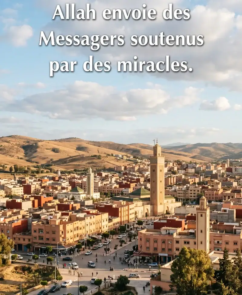 Vue panoramique aérienne d'une ville marocaine avec ses habitations ocres, ses collines et le minaret de sa grande mosquée, surmontée du texte : Allah envoie des Messagers soutenus par des miracles.