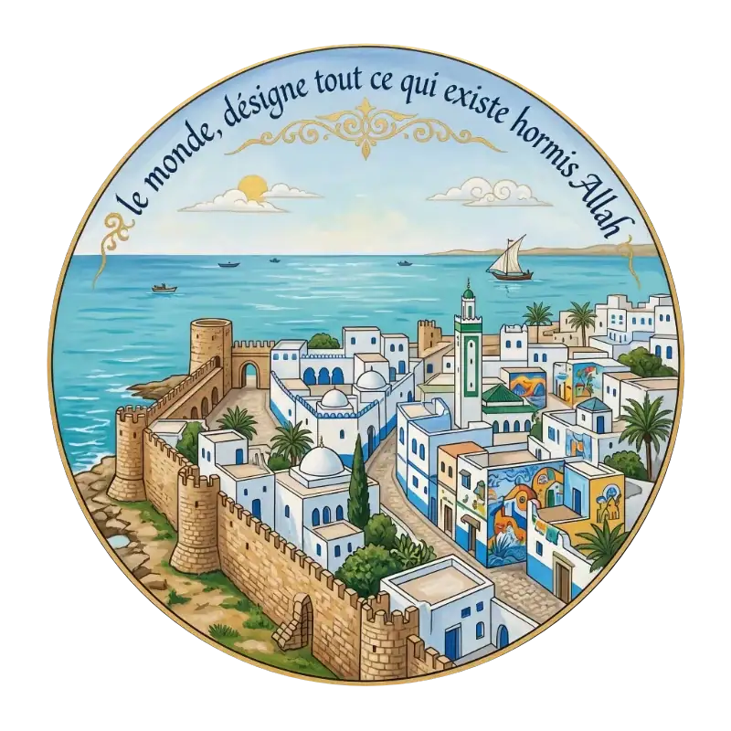 Illustration circulaire d'une médina côtière fortifiée aux murs blancs et bleus, avec un minaret et la mer en arrière-plan, surmontée de l'inscription en français : Le monde, désigne tout ce qui existe hormis Allah.