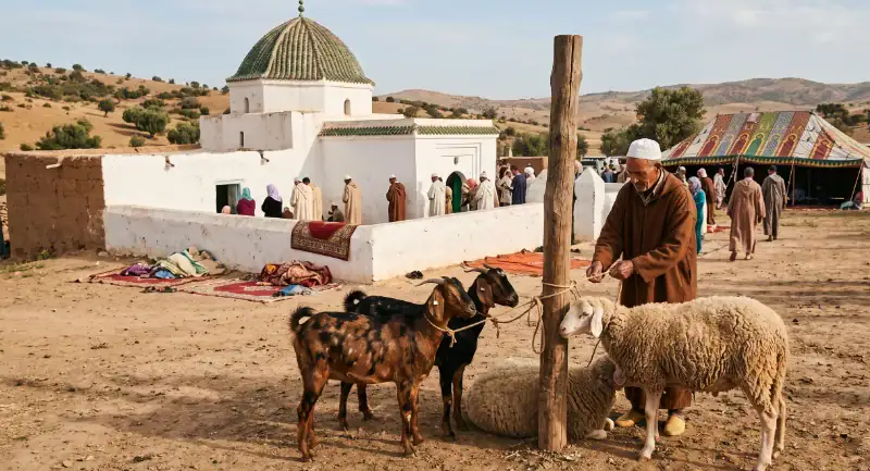 Un homme en djellaba marron attache un mouton et deux chèvres à un poteau en bois devant un mausolée blanc à dôme vert lors d'une cérémonie traditionnelle.