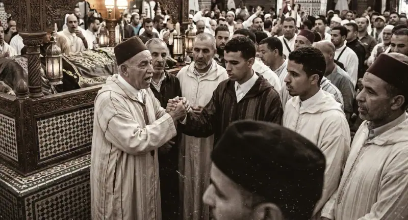 Rassemblement de fidèles en habit traditionnel autour du mausolée d'un saint homme dans un mausolée traditionnel.