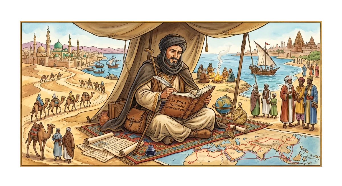 Illustration d'Ibn Battouta écrivant son livre de voyages La Rihla sous une tente, entouré de caravanes de chameaux, de navires et d'une carte de ses explorations.