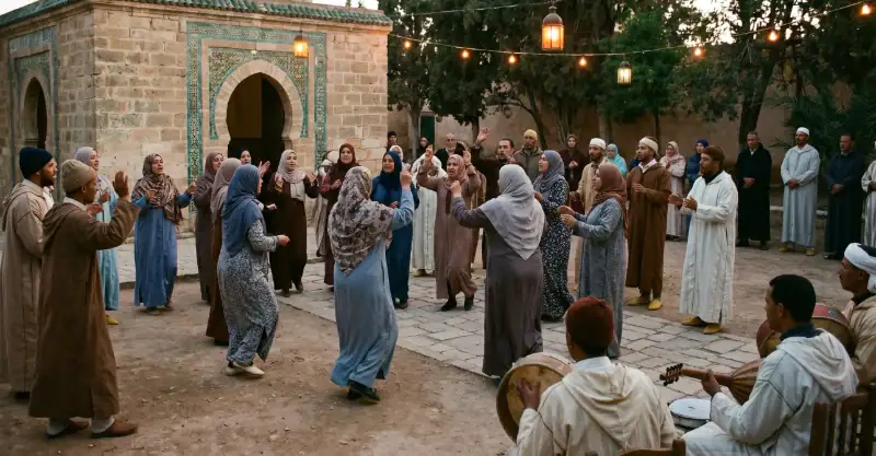 Rassemblement de femmes et d'hommes participant à une danse rituelle de la Hadra devant un édifice traditionnel en pierre.