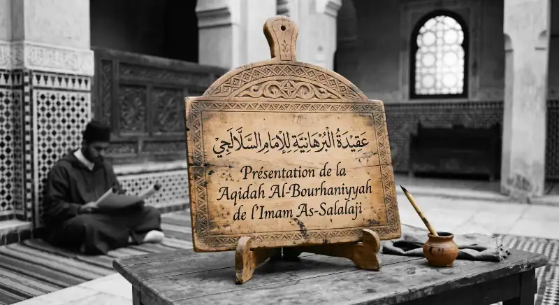 Une tablette traditionnelle en bois sculpté posée sur un pupitre, affichant le titre Présentation de la Aqidah Al-Bourhaniyyah de l'Imam As-Salalaji, à côté d'un encrier et d'un calame, dans la cour d'une madrasa historique.