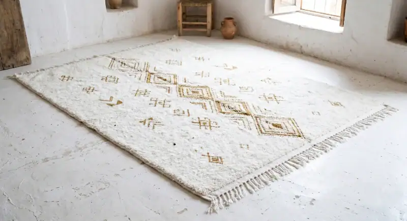 Tapis amazigh artisanal de Khénifra en laine blanche avec franges, disposé au sol dans une pièce lumineuse.