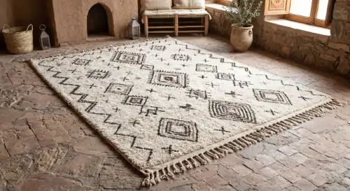 Tapis artisanal Ouazen Jbala en laine blanche avec des motifs géométriques berbères traditionnels.